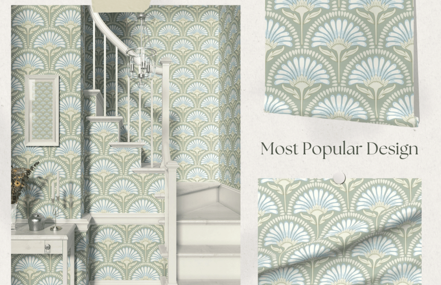 Art Deco floral wallpaper design called Anne’s Art Deco Daisy Scallop by Gabrielle Marlow, featuring elegant daisy motifs in soft sage green, pale blue, and cream. Styled in a classic staircase interior with white trim and light wood details. Vintage-inspired, geometric, and perfect for elegant home décor and interior design.