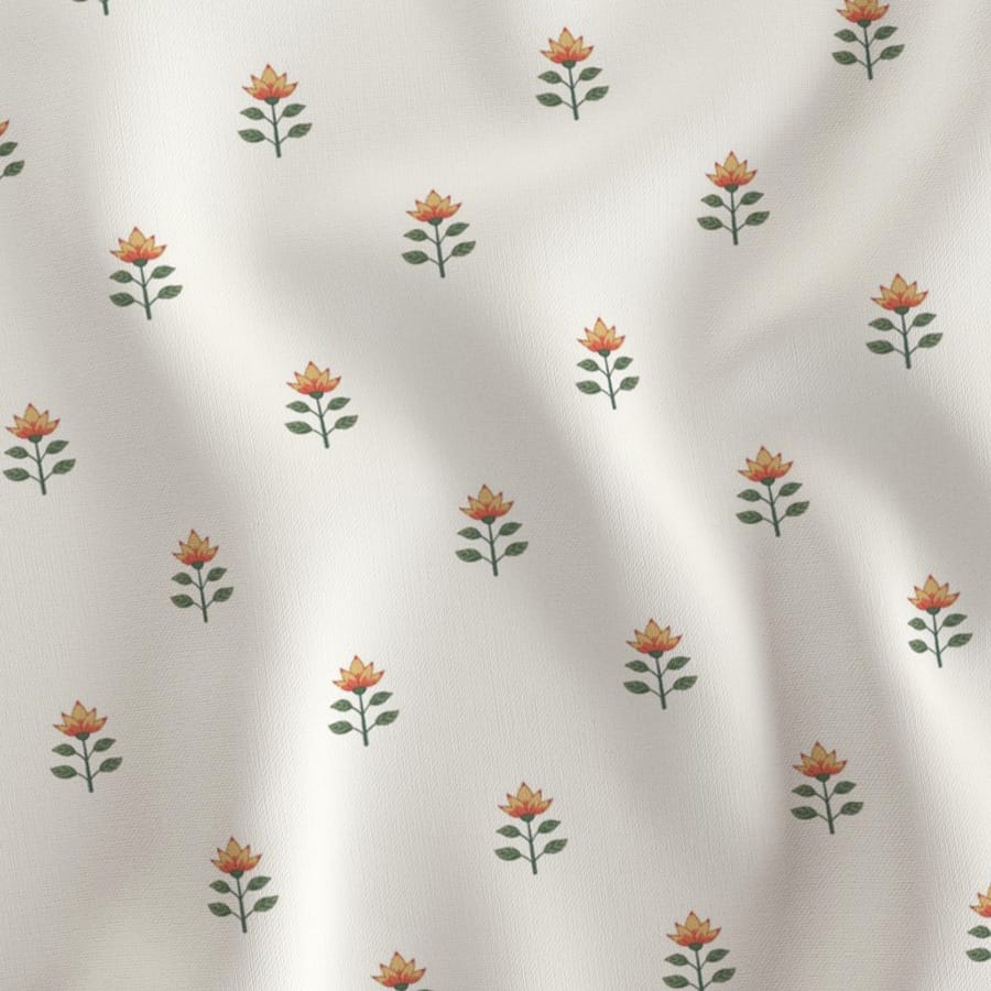 Tulip Indian floral traditional block print for fabric and wallpaper for your Bohemian look in orange, green on natural white fabric pattern designed by Gabrielle Marlow