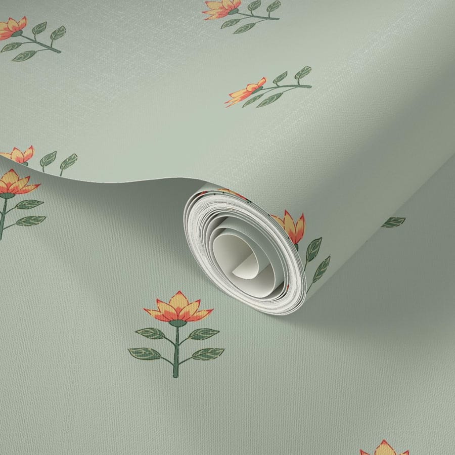 Tulip Indian floral traditional block print for fabric and wallpaper for your Bohemian look in orange, green on duck egg green designed by Gabrielle Marlow