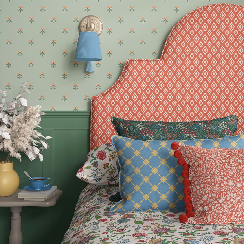 Historic Indian chintz florals refreshed with balanced heritage colours and coordinating prints, perfect for classic yet contemporary interiors. Cottage bedroom interior by Gabrielle Marlow