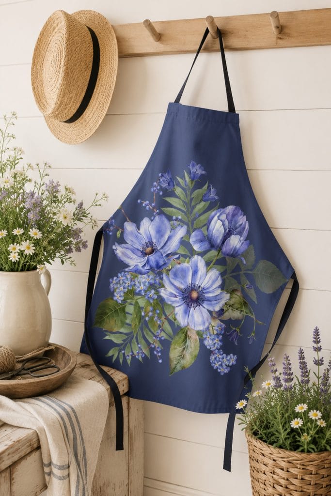 Blue flowers on dark blue apron