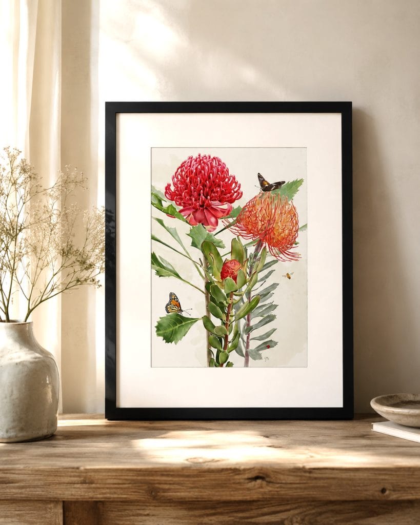 Red Protea Botanical Illustration with red Waratah
