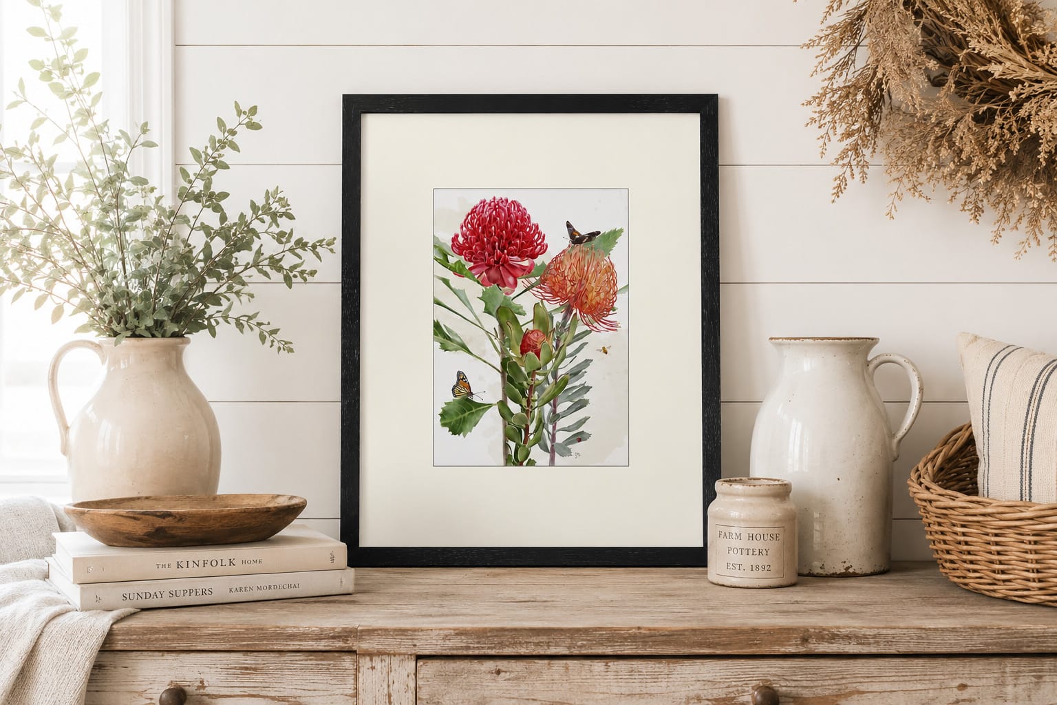 Red Protea Botanical Illustration with red Waratah and Leukospernum