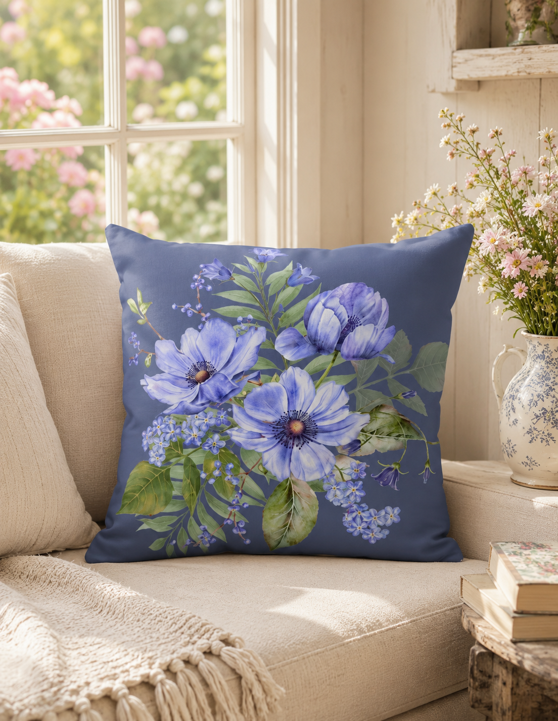 blue anemone bouquet throw pillow navy