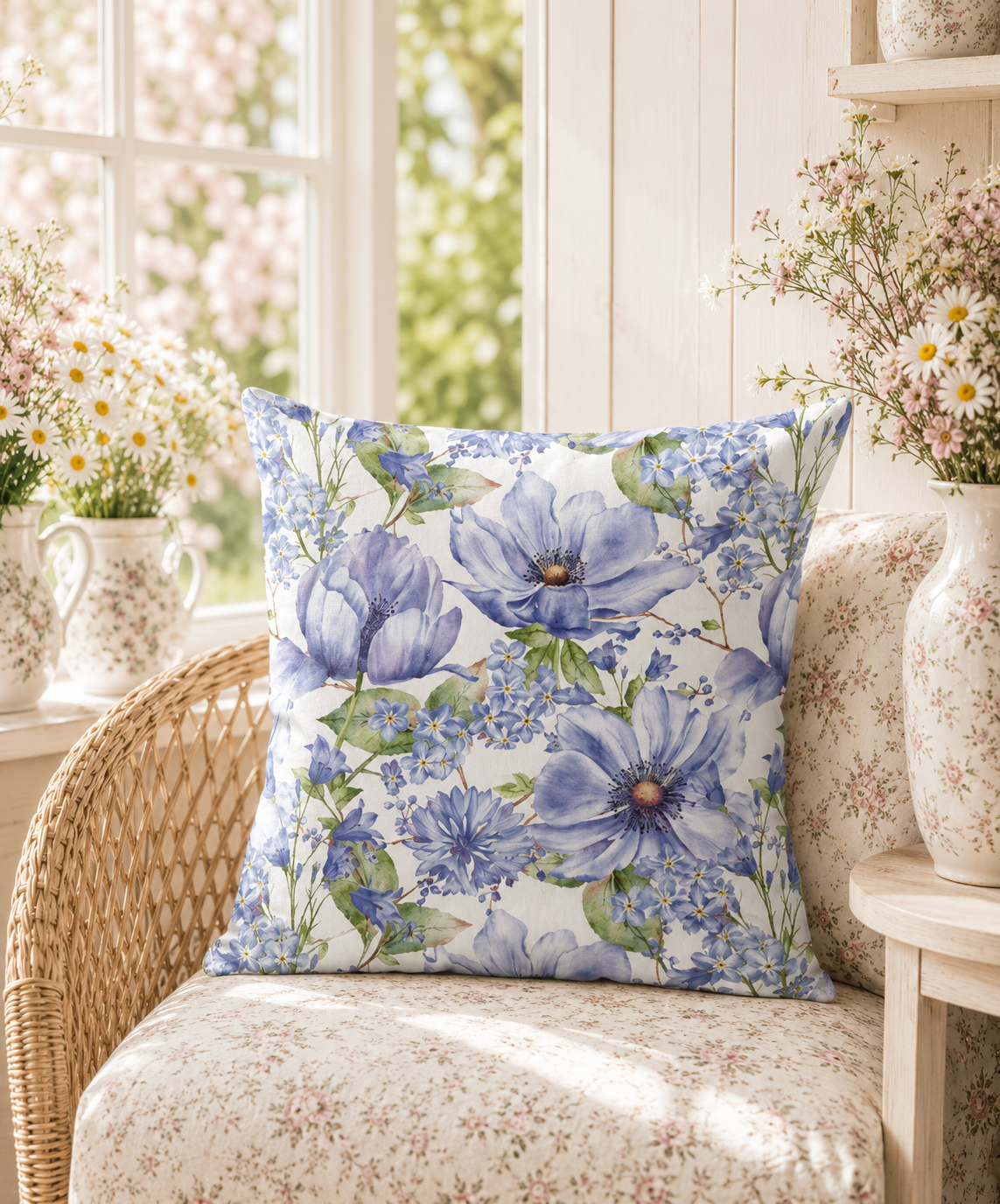 White throw pillow with an all-over hand-painted pattern of blue anemones and cornflowers, on a wicker chair