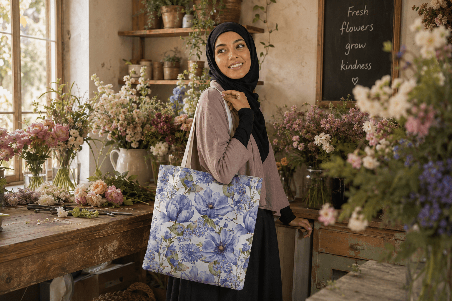 Woman in a hijab carrying a tote bag with an all-over hand-painted blue anemone pattern in a flower shop