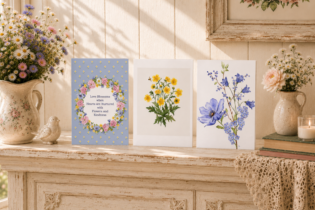 Three botanical watercolour greeting cards styled on a mantel — Love Blossoms wreath, buttercup meadow, and blue iris and anemone designs by Gabrielle Marlow