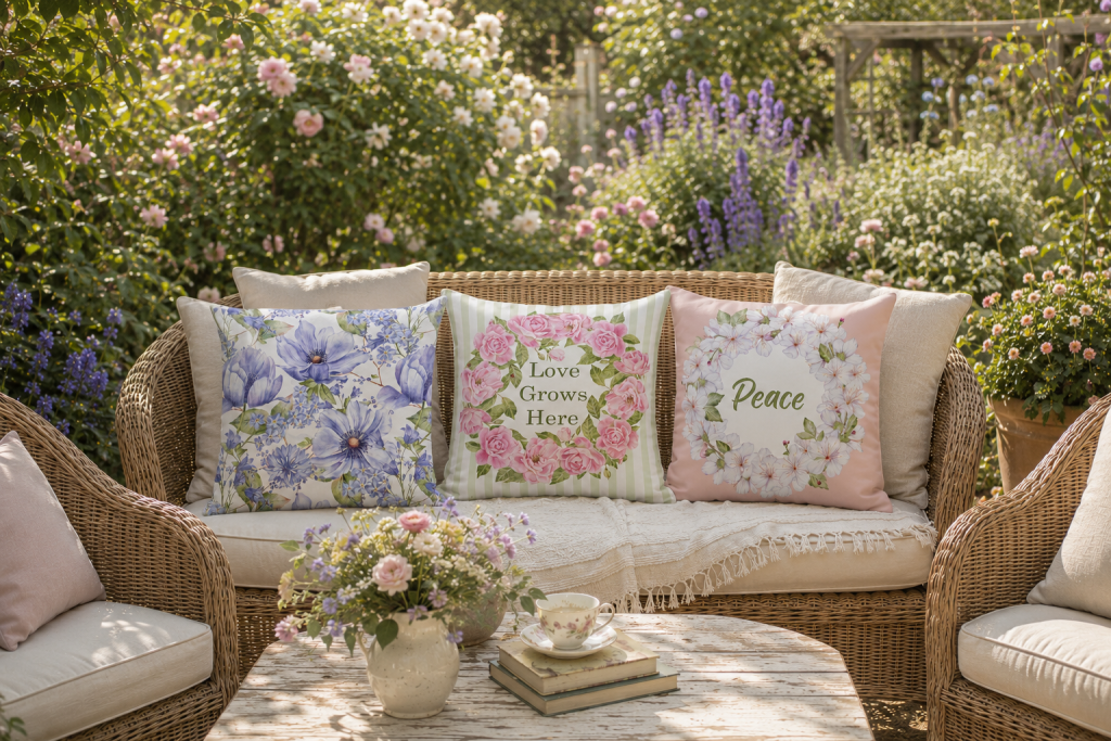 Three hand-painted botanical throw pillows — blue anemone pattern, Love Grows Here rose wreath, and Peace cherry blossom wreath — arranged on a wicker garden sofa