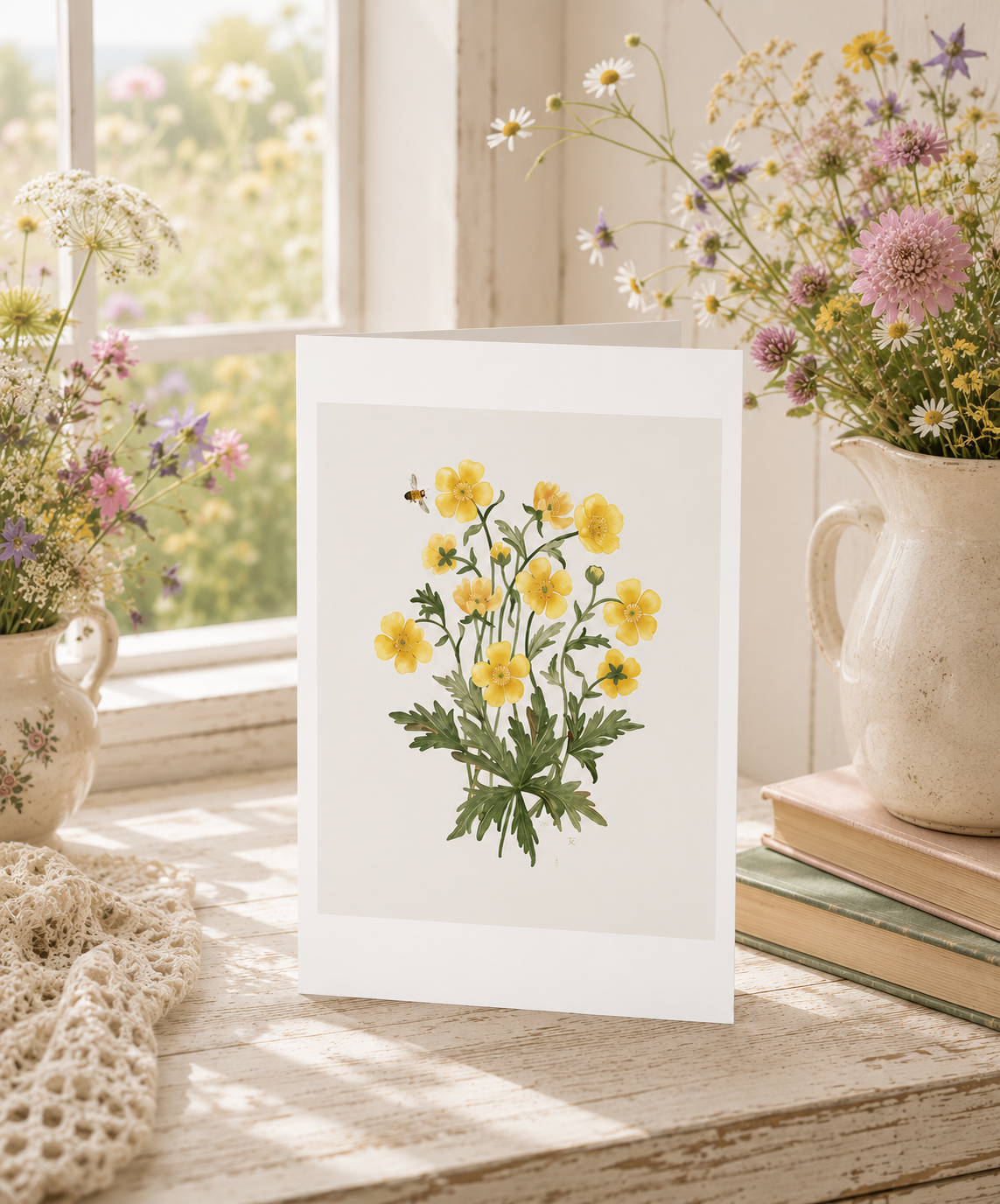 Watercolour yellow buttercup bouquet with bee, botanical greeting card by Gabrielle Marlow