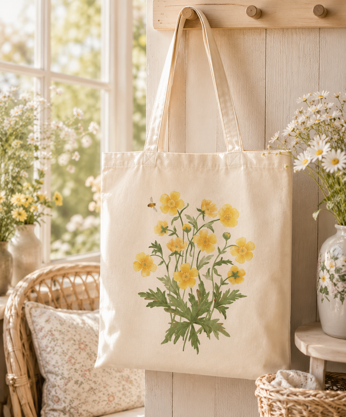 Canvas tote bag with yellow buttercup wildflowers and bee illustration