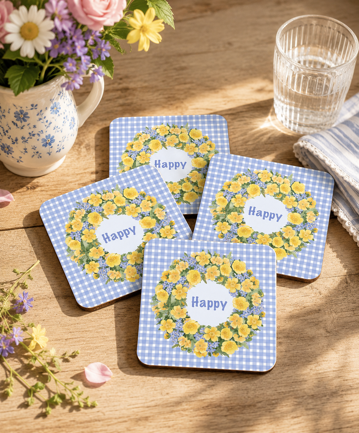 Set of four square coasters with buttercup wreath "Happy" design on blue gingham, styled on a wooden table with flowers