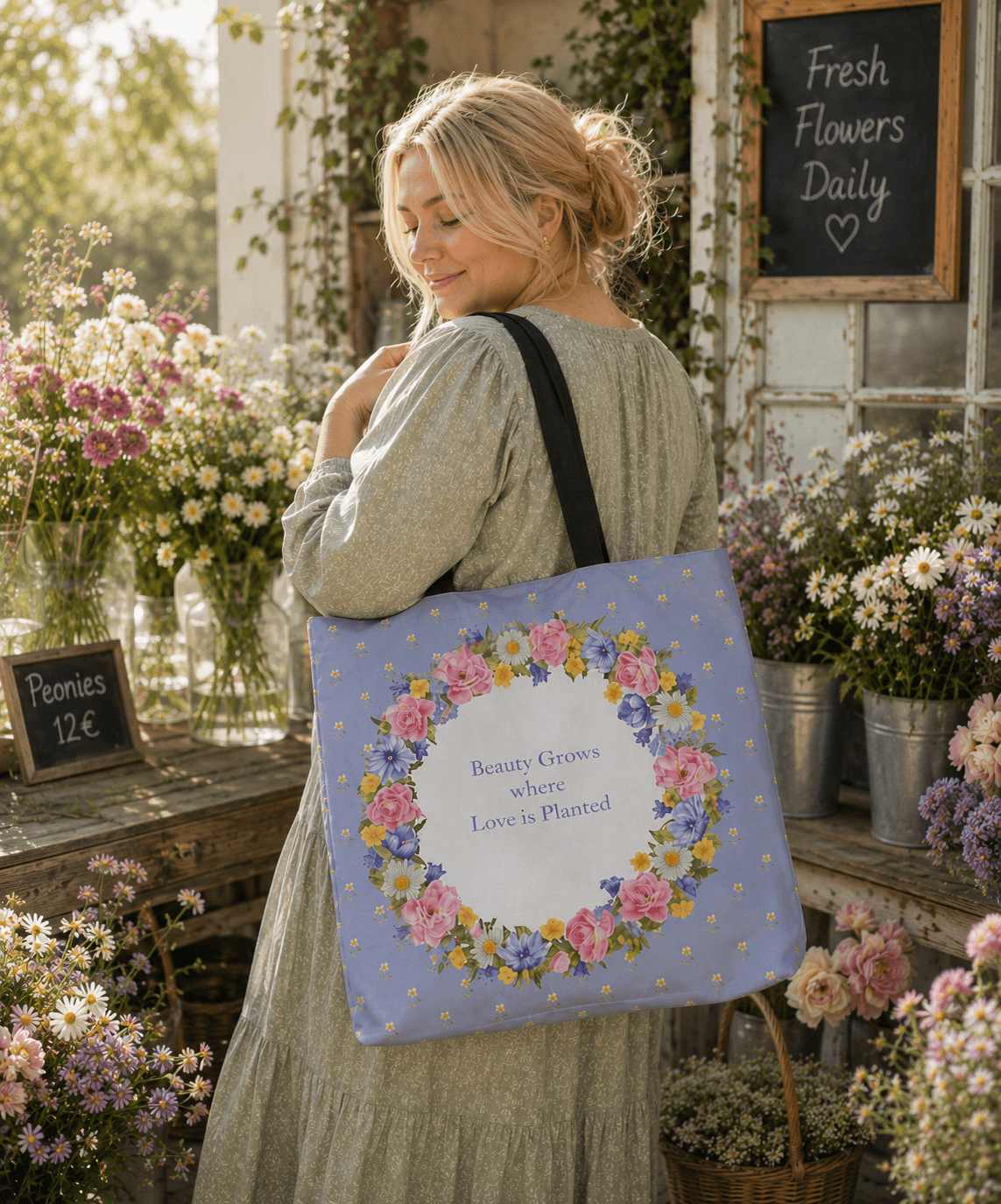 Woman carrying a light blue tote bag with a hand-painted floral wreath and the quote "Beauty Grows where Love is Planted" in a flower shop