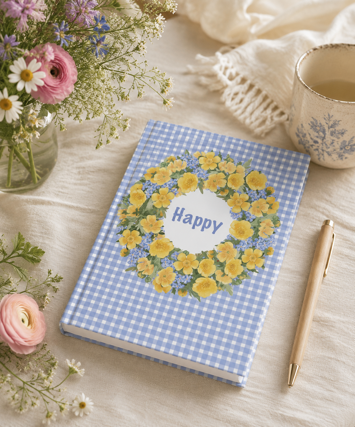 Hardcover journal with buttercup wreath "Happy" design on blue check cover, styled beside a coffee mug and pink flowers