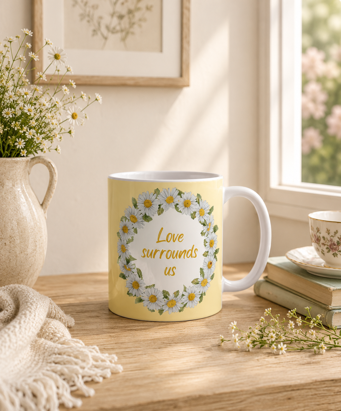 Yellow mug with daisy wreath and "Love Surrounds Us" quote by Gabrielle Marlow, styled on a wooden table with wildflowers