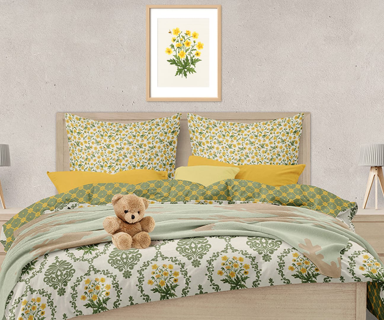 Gabrielle Studio Belle Buttercup floral pattern design shown as a framed botanical art print above a bed, and as a coordinating fabric print on a duvet cover and pillow shams in a bedroom setting.