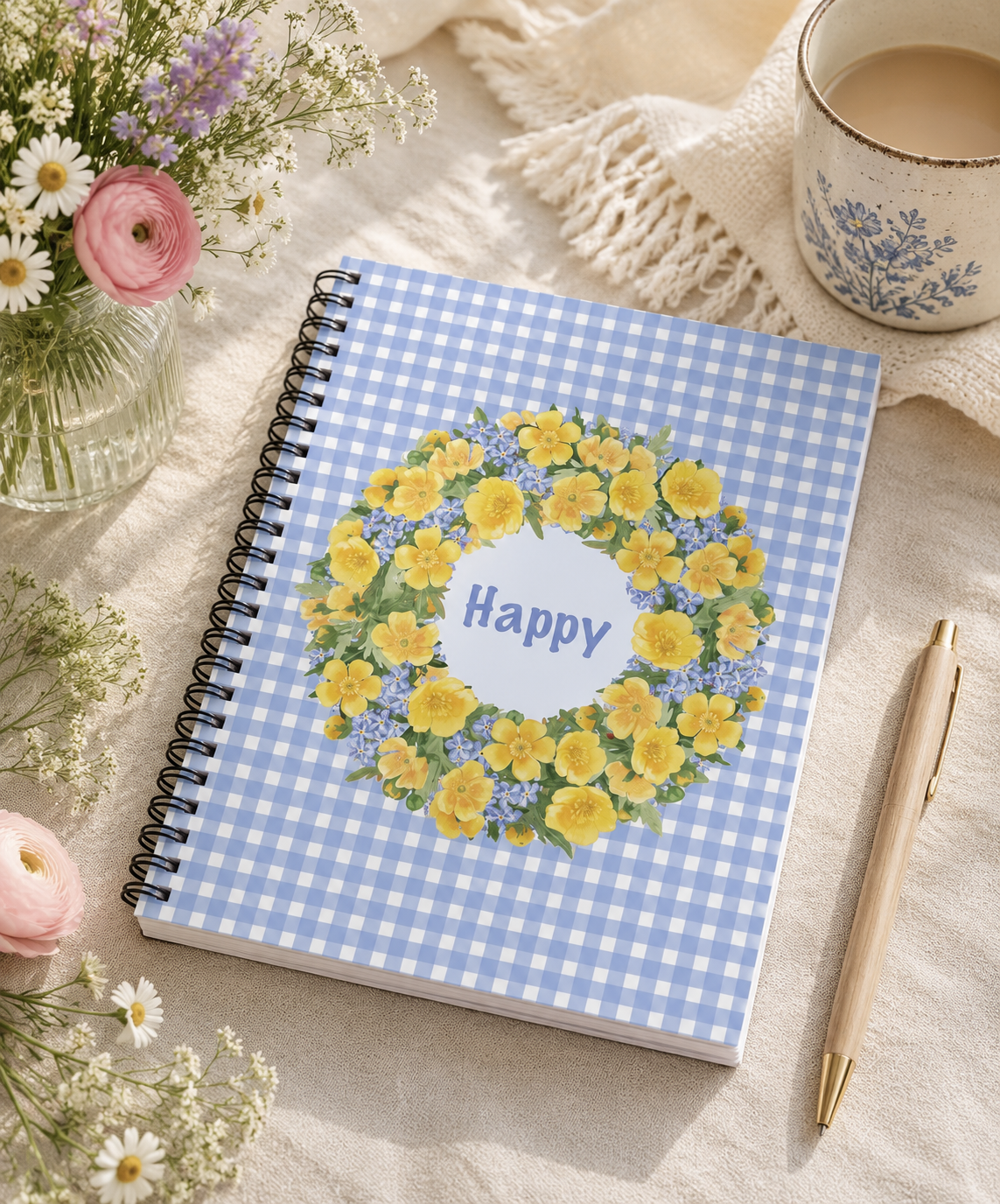 Spiral-bound notebook with buttercup wreath "Happy" cover design on blue gingham, beside a coffee mug and fresh flowers