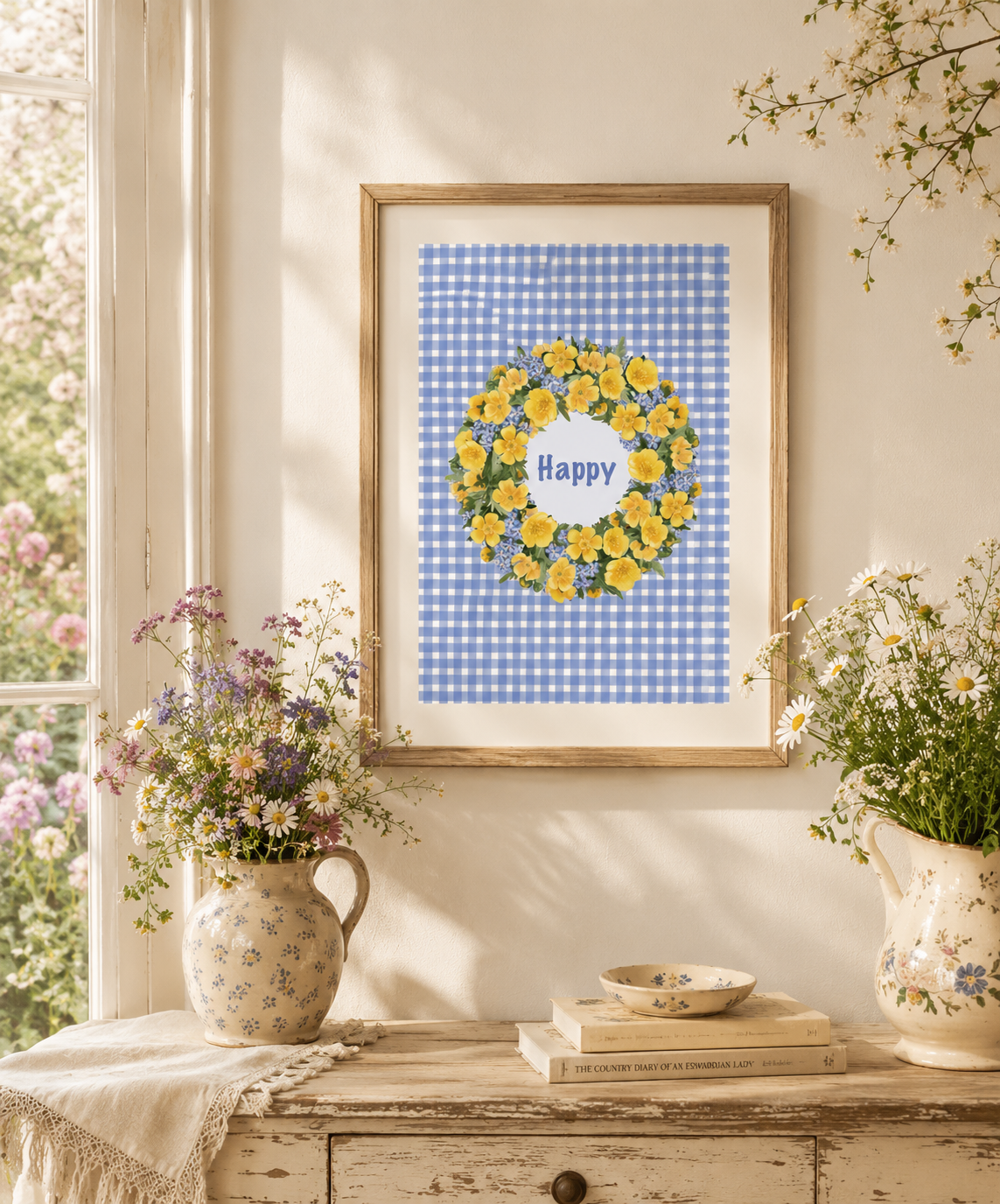 Framed yellow buttercup wreath art print with "Happy" wording on blue gingham background, styled above a vintage dresser