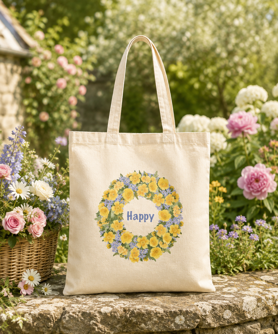 Natural canvas tote bag with buttercup wreath "Happy" design, standing on a stone wall in a cottage garden