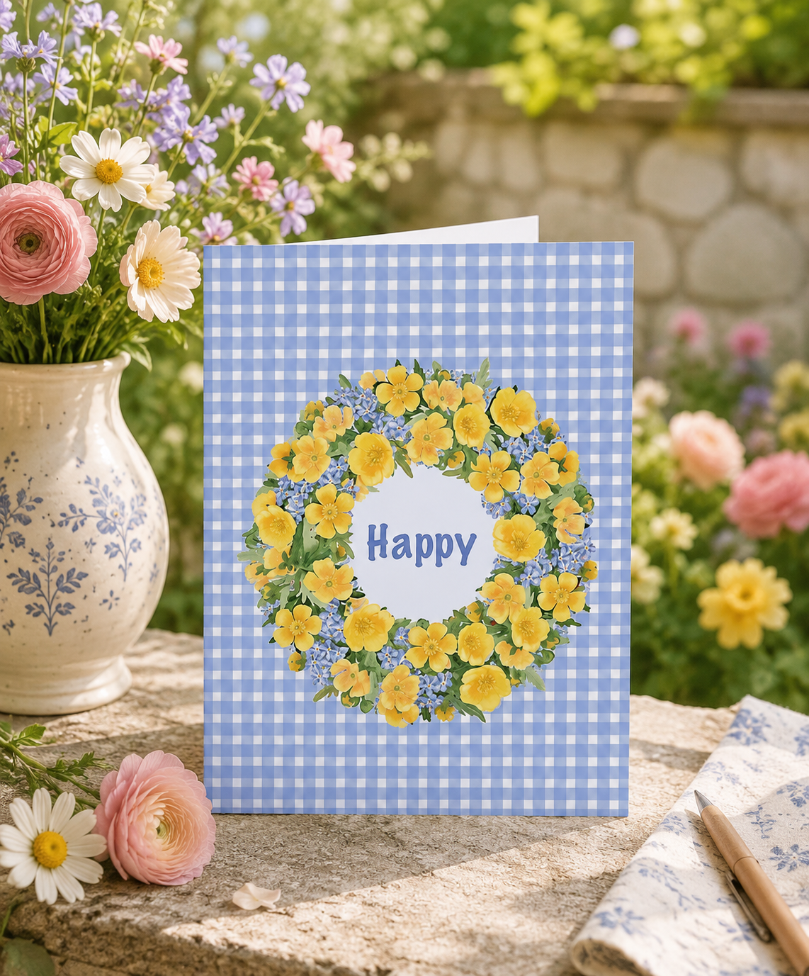 Blue gingham greeting card with a yellow buttercup wreath and "Happy" wording, standing among garden flowers