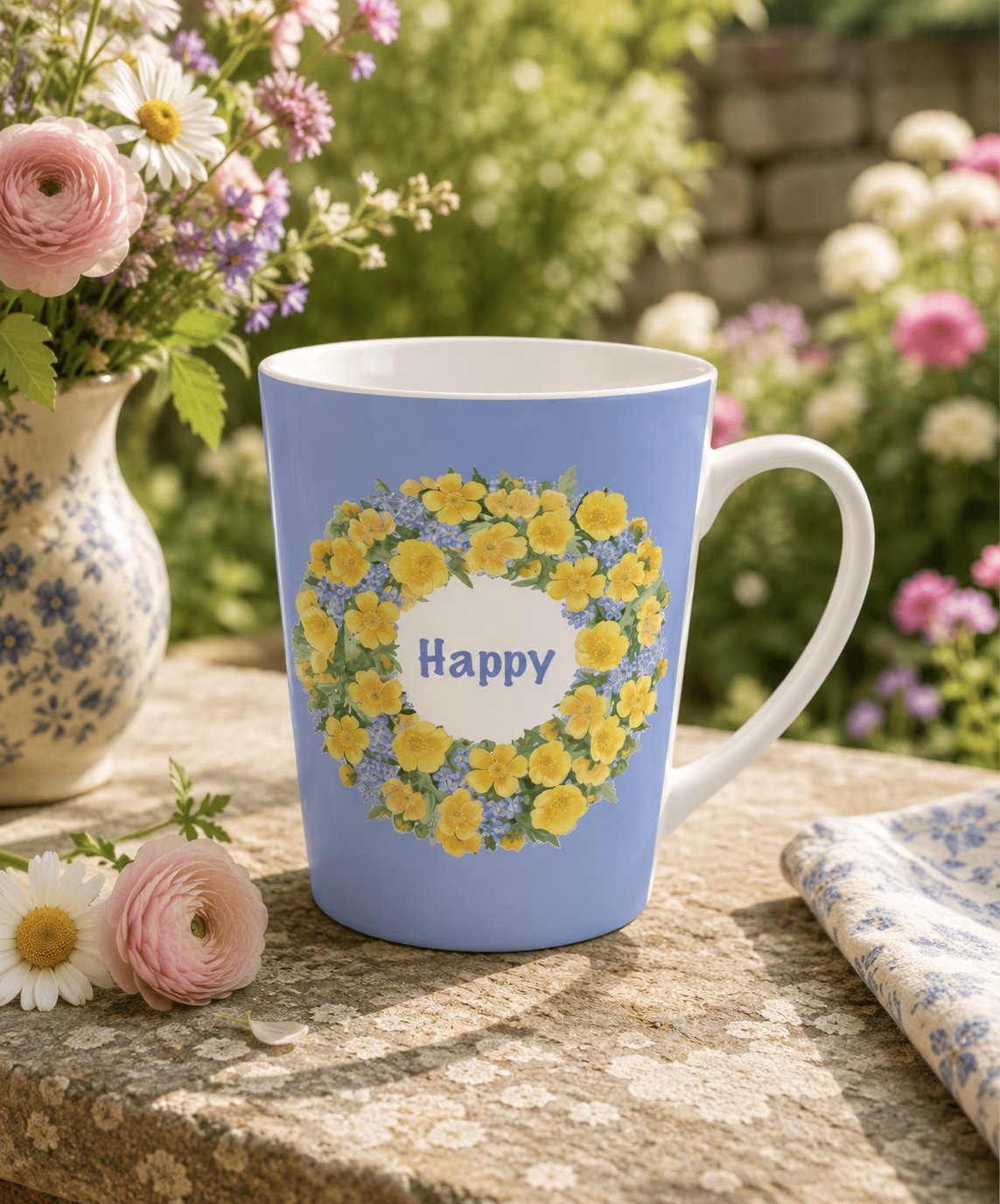 Tapered blue ceramic latte mug with a yellow buttercup wreath and "Happy" wording, styled with garden flowers