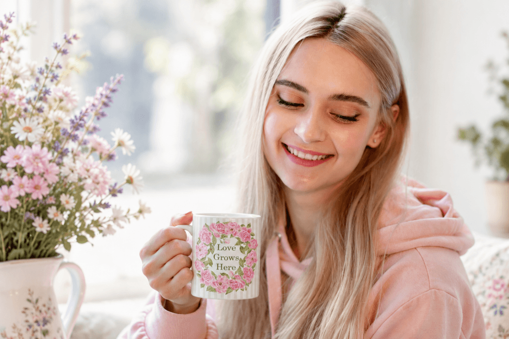 Woman smiling and holding a pink rose wreath "Love Grows Here" mug on a soft sage stripe background, surrounded by pink and purple wildflowers