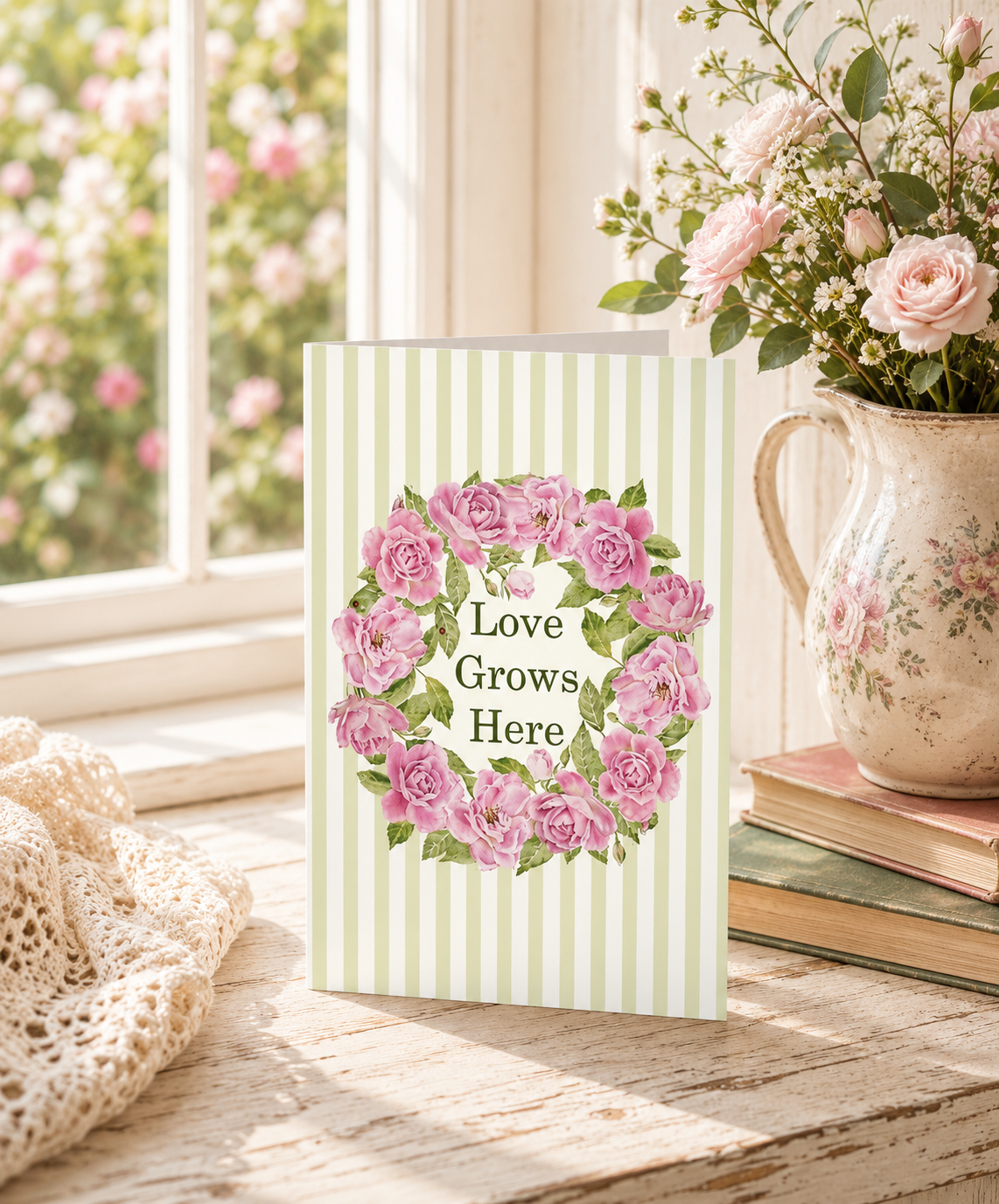 Pink rose wreath greeting card with "Love Grows Here" text on green stripe background, by Gabrielle Marlow