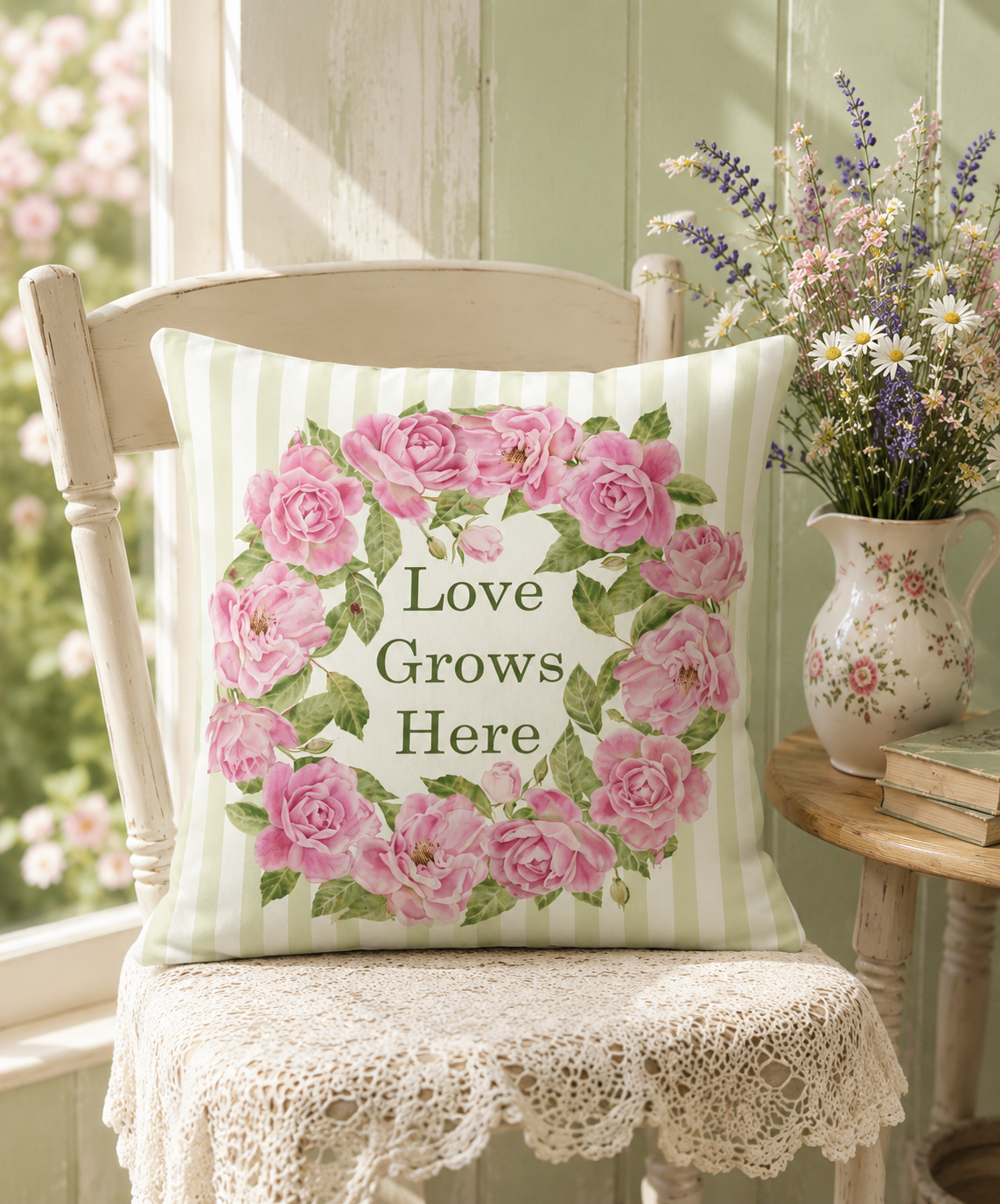 Green striped throw pillow with a hand-painted pink rose wreath and "Love Grows Here" wording, on a cottage-style chair