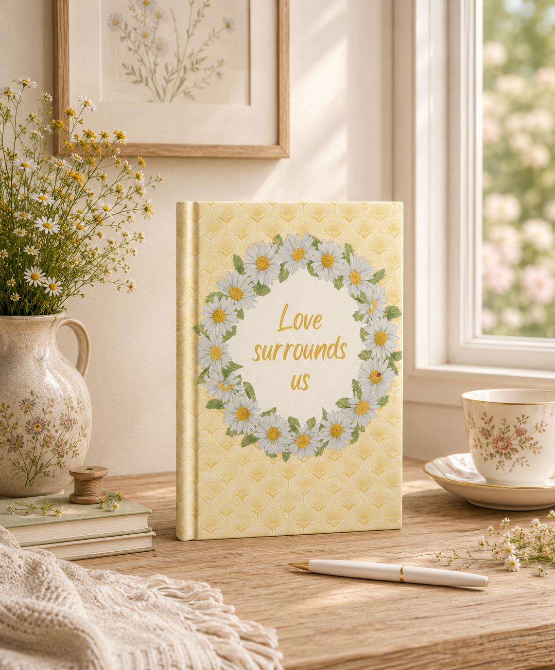 Yellow hardcover journal with white daisy wreath design and "Love surrounds us" quote, by Gabrielle Marlow