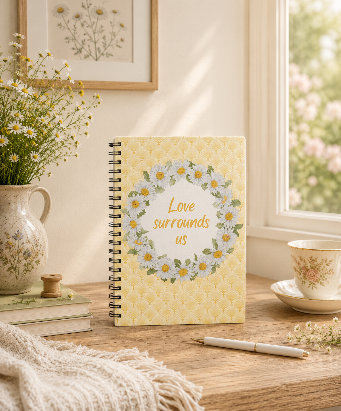Yellow spiral notebook with a white daisy wreath and "Love surrounds us" quote, by Gabrielle Marlow