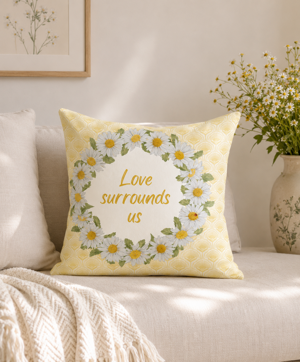 love surrounds us daisy wreath throw pillow gabrielle marlow