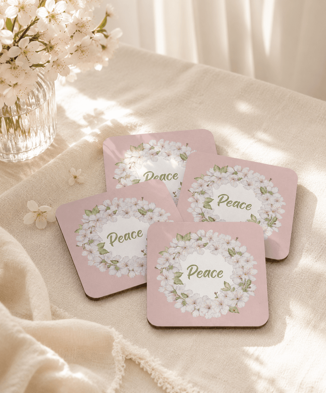 Set of four pink cherry blossom wreath coasters with "Peace" quote, styled with cherry blossom stems on a linen tablecloth