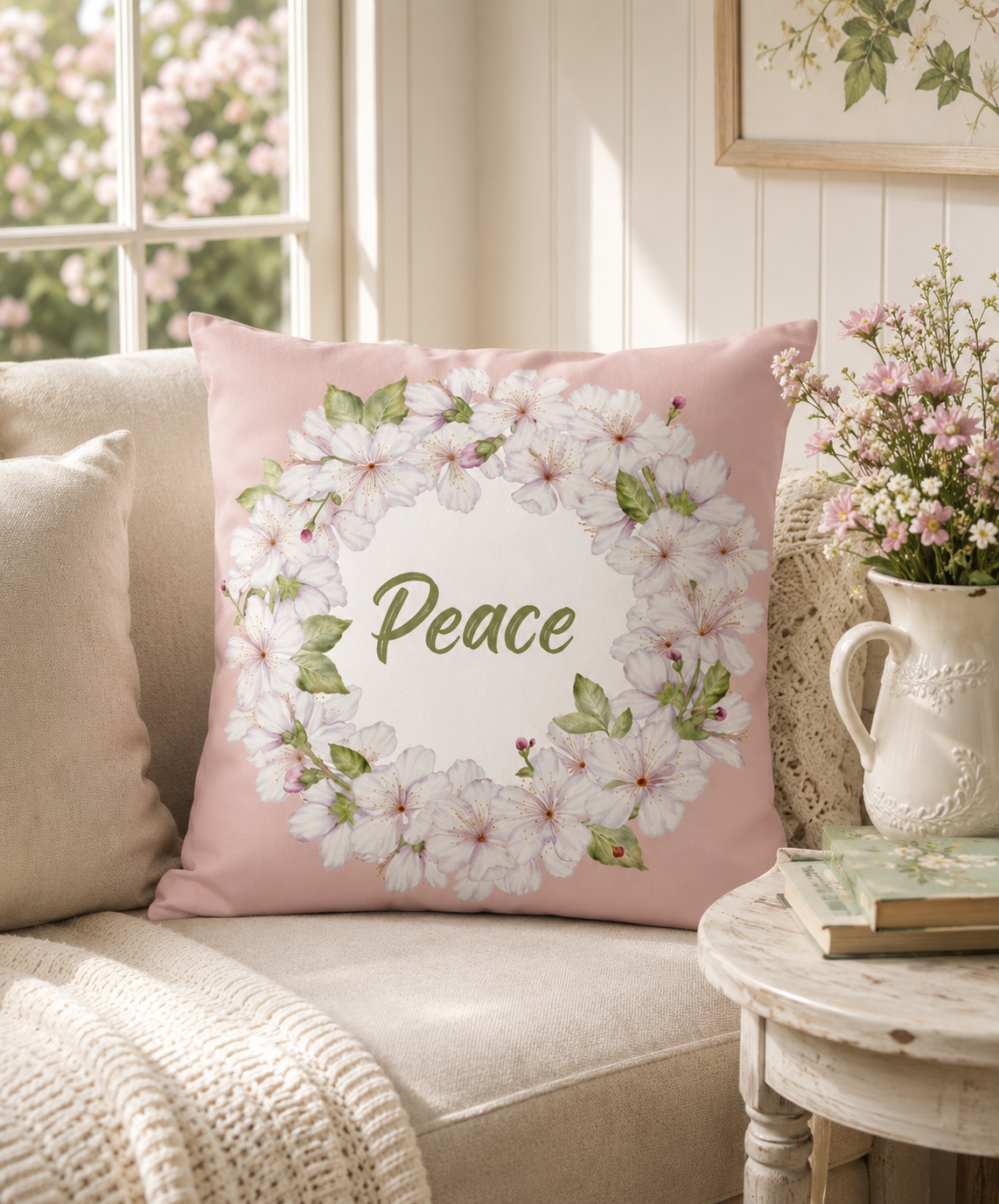 Pink throw pillow with a hand-painted white cherry blossom wreath and the word "Peace"