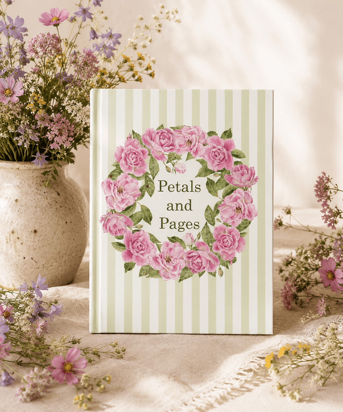 Green striped spiral notebook with pink rose wreath and "Petals and Pages" title by Gabrielle Studio