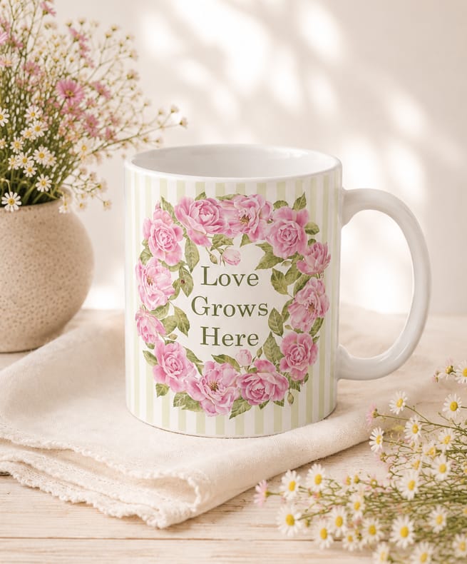Pink rose wreath mug with "Love Grows Here" quote on a soft sage stripe background, styled with daisies and a linen cloth
