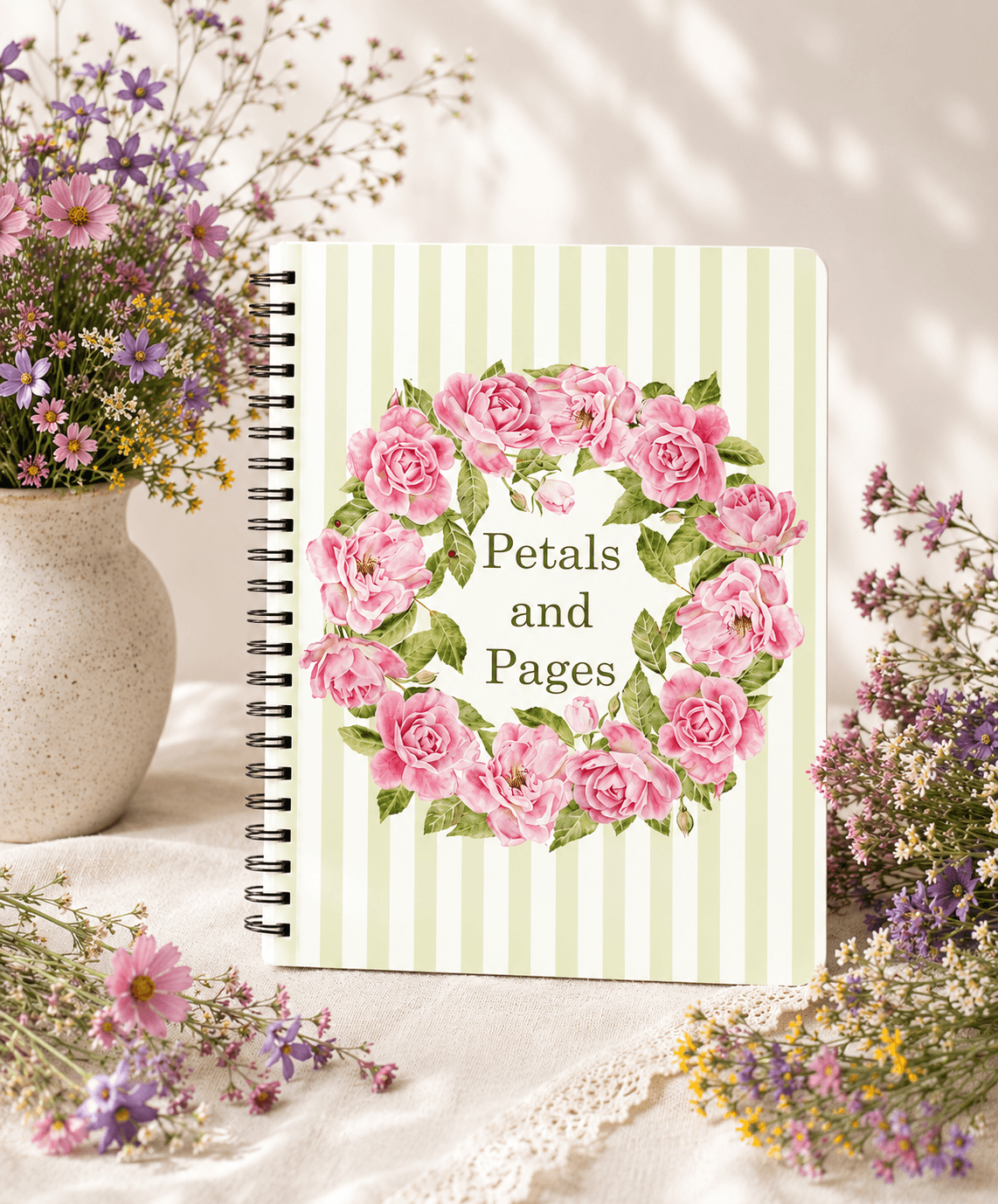 Green striped hardcover journal with pink rose wreath and "Petals and Pages" title by Gabrielle Studio