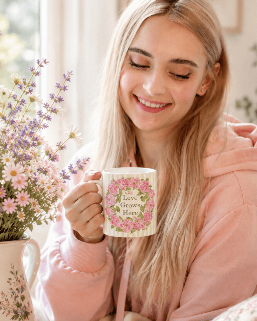 pink roses wreath mug by Gabrielle Marlow. 4 5