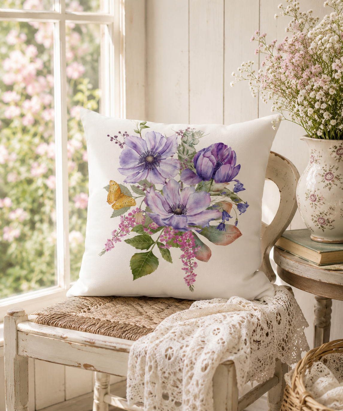Cream throw pillow with a hand-painted bouquet of purple anemones, bluebells, and a butterfly, on a rustic wooden bench