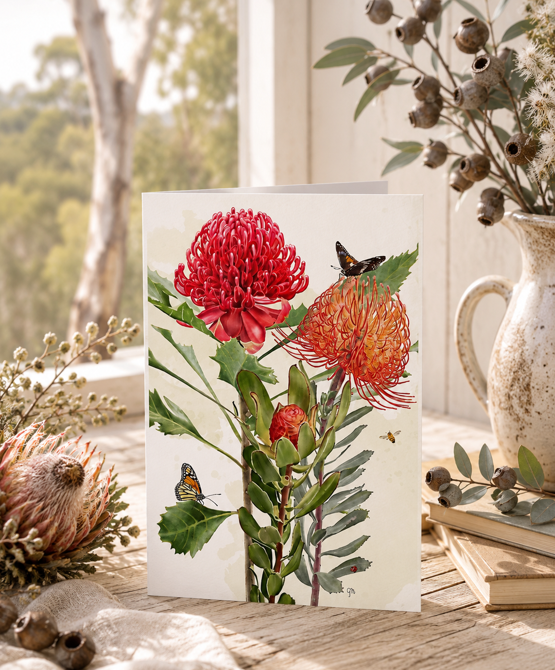 Watercolour waratah and leucospermum pincushion flowers with butterflies and bee greeting card by Gabrielle Marlow
