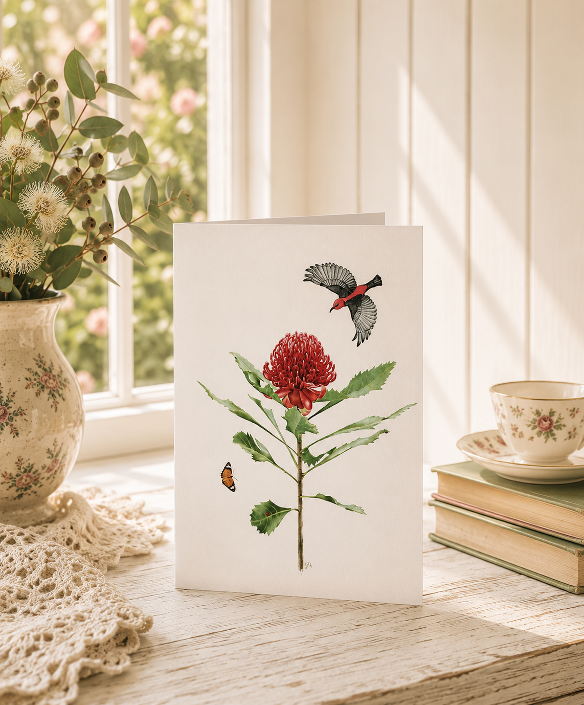 Watercolour waratah flower with scarlet honeyeater bird and butterfly greeting card by Gabrielle Marlow