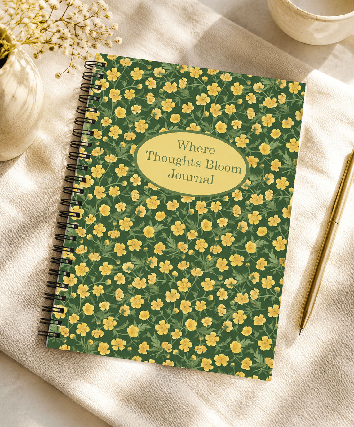 Spiral-bound journal with green background and yellow buttercup floral pattern, titled "Where Thoughts Bloom Journal"
