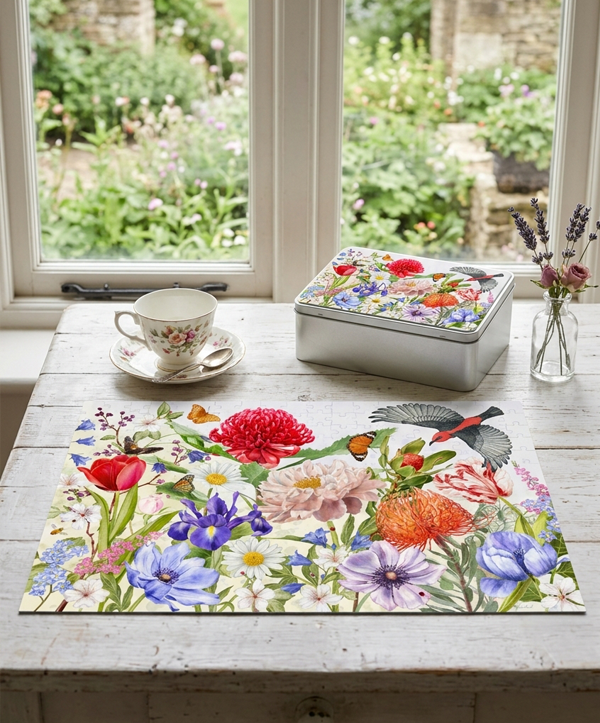 Botanical jigsaw puzzle of a red waratah, peonies, anemones and a scarlet honeyeater, laid on a white table beside its tin, a teacup and a garden window Caption