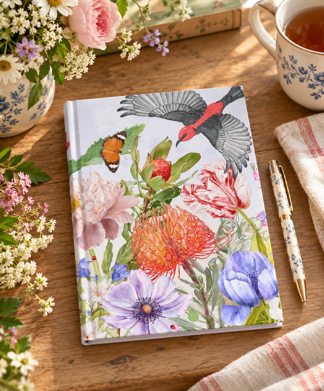 Hardcover journal with a watercolour botanical cover of a scarlet honeyeater, a protea, pincushion and peony, and a striped tulip, with the uniquely Australian native protea family on a wooden table with tea and flowers