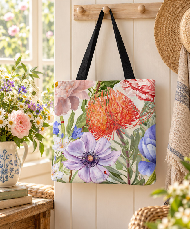 Tote bag with black handles and an all-over print of a lilac anemone, orange pincushion protea, pink peony and ladybirds, hanging on a wall peg