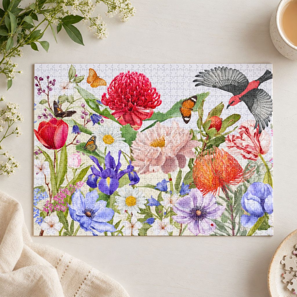 Jigsaw puzzle showing a red waratah, pink peony and blue anemones with a honeyeater, placed on a rustic table beside a floral tin and teacup