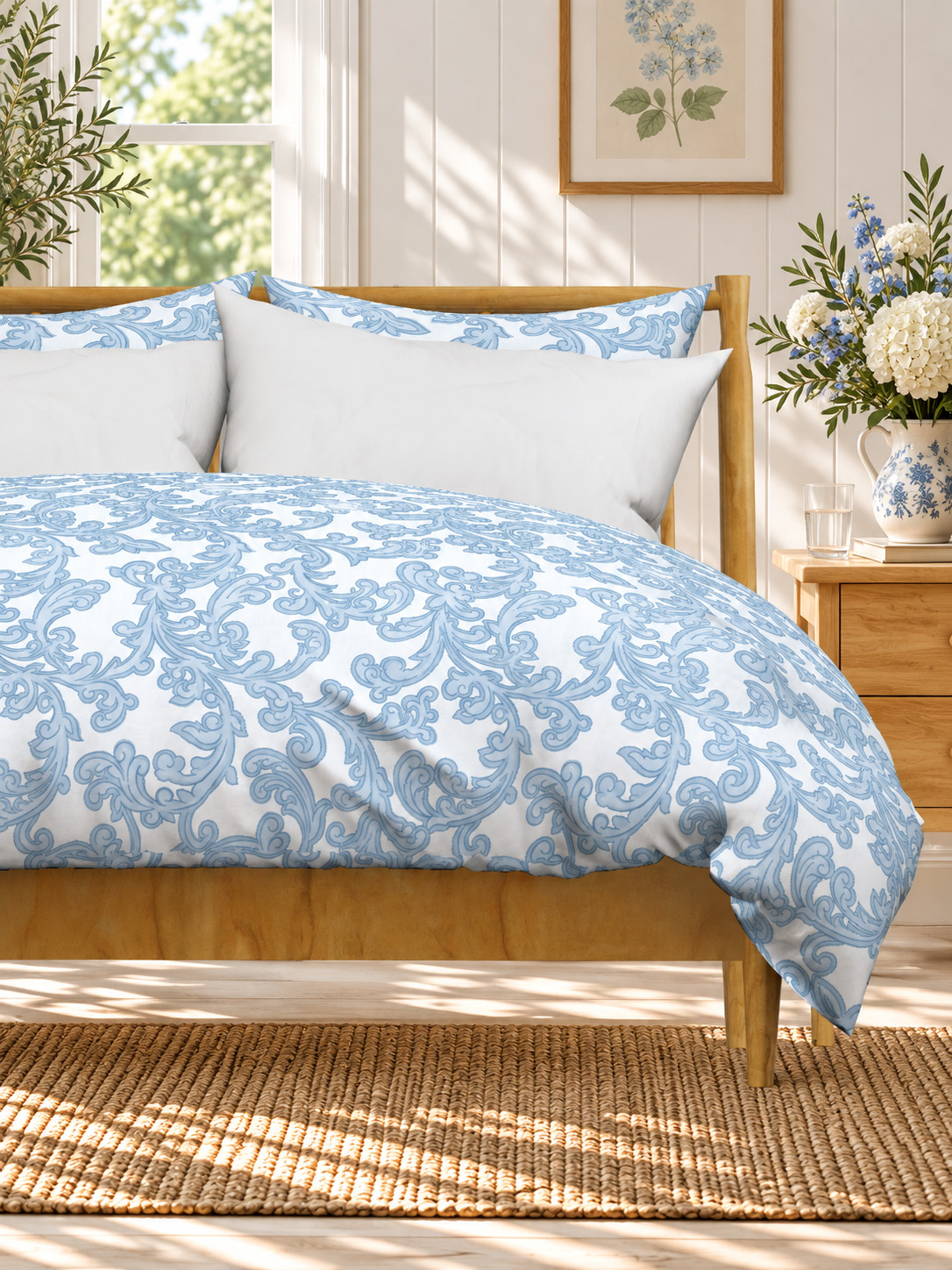 Bedroom with a wooden bed dressed in a white duvet cover patterned with dusty Delft blue acanthus scrolls, beside a jug of white hydrangeas and blue flowers