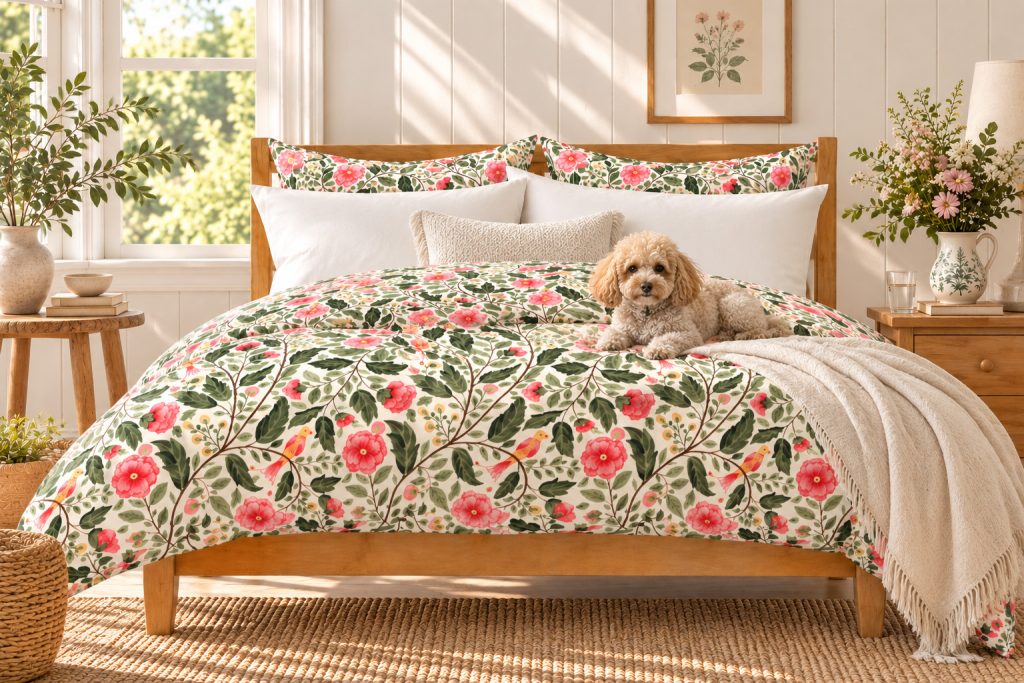 Sunlit cottage bedroom with a timber bed dressed in a cream duvet cover with an Indian chintz tree of life of pink blooms, green leaves and small birds on winding branches, with a curly-haired dog resting on the bed