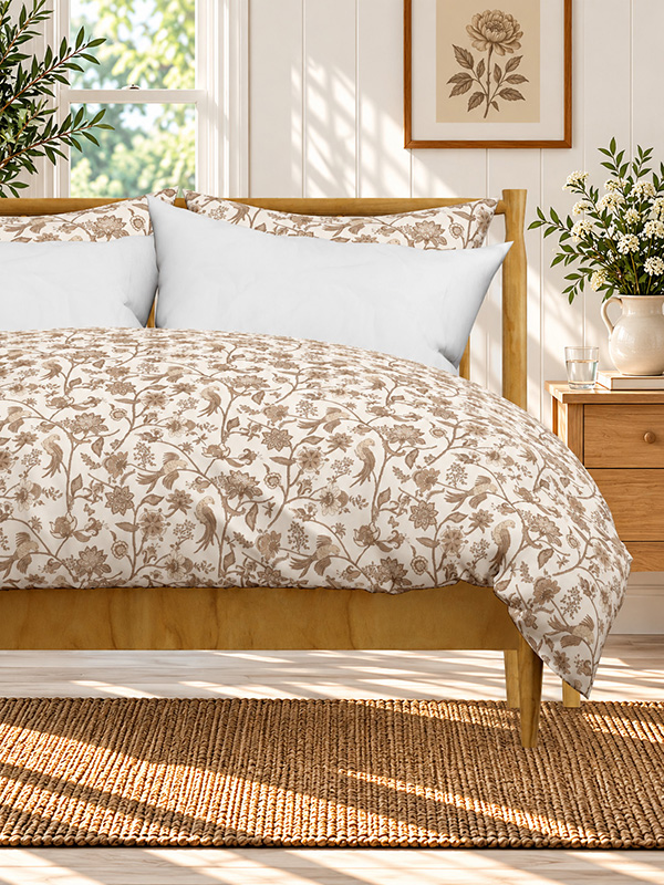 Bedroom with a wooden bed dressed in a cream duvet cover patterned with Indian floral chintz, climbing branches and birds in soft beige and brown, beside a jug of white flowers