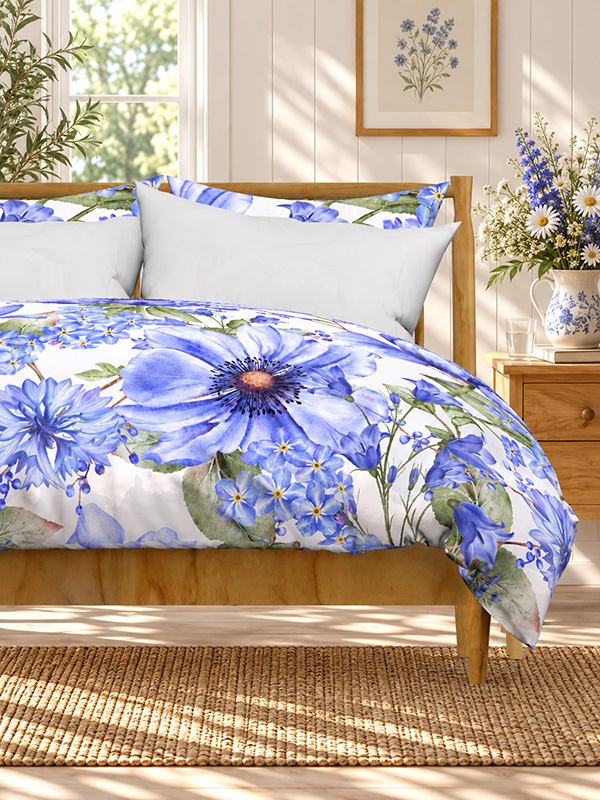 Bedroom with a wooden bed dressed in a white duvet cover patterned with large blue anemones, forget-me-nots, cornflowers and bellflowers, beside a jug of daisies and blue wildflowers