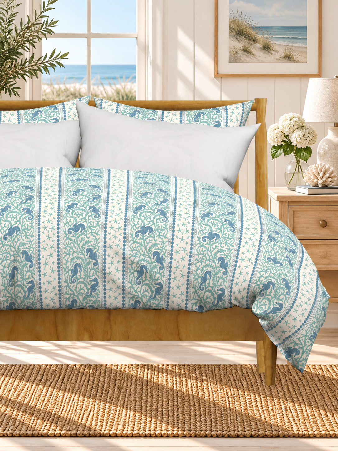 Bedroom with a wooden bed dressed in a duvet cover patterned with blue seahorses, sea foam coral and starfish stripes on soft white, with an ocean view through the window