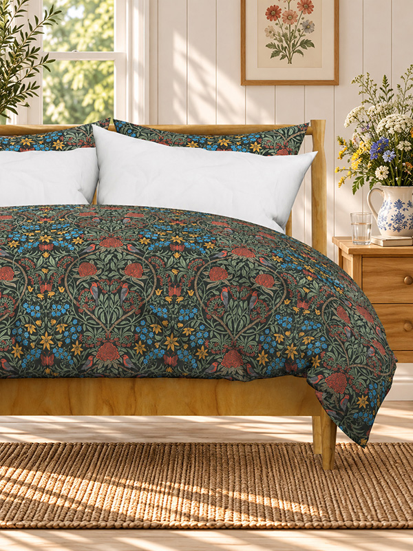 Bedroom with a wooden bed dressed in a dark green duvet cover with a vintage damask of red waratahs, blue forget-me-nots, yellow wildflowers and small birds, beside a jug of wildflowers